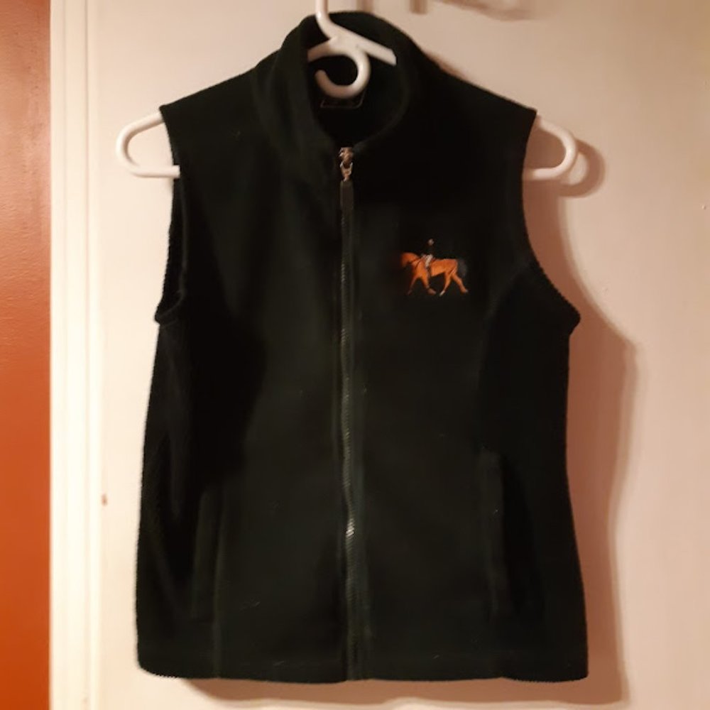 Ladies hunter green equestrian vest fleece with dressage rider logo embroidered